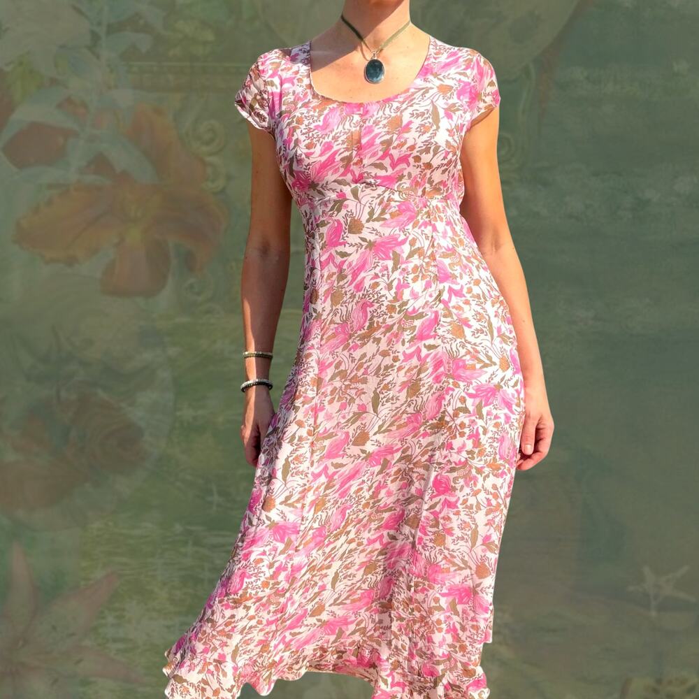 Vintage Y2K Silk Floral Midi Dress Pink Bias Cut Romantic Empire Waist